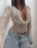 Grace | Women's Open-Back Sequin Mesh Crop Top