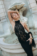 Rayna | Women's High-Neck Sleeveless Backless Lace Bodycon Maxi Dress